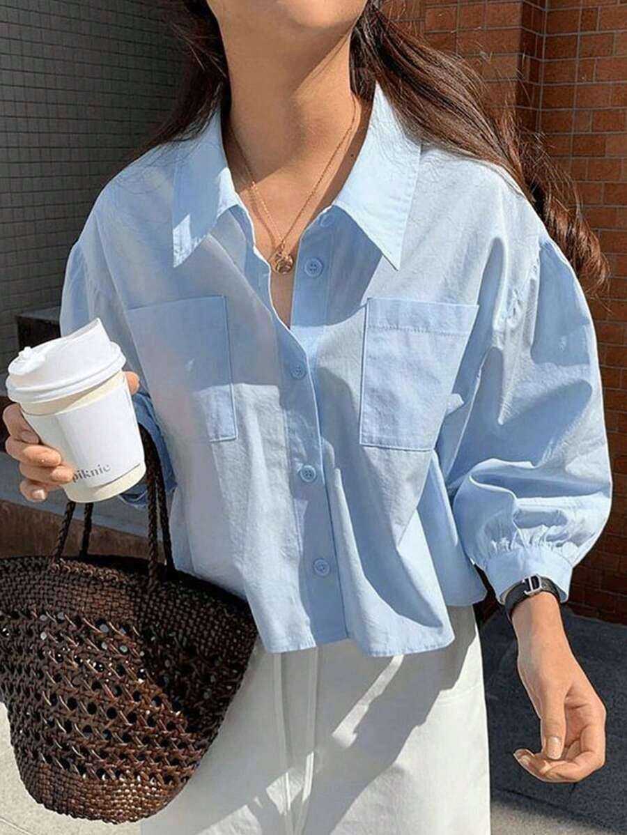 Camisa de manga larga holgada con bolsillo y parche, de unicolor, versátil para uso diario y casual, para primavera/otoño - Azul 2 - Ver 1