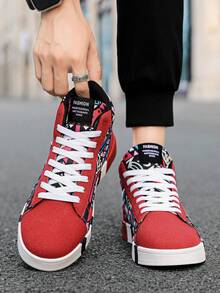 Men's Geometric Pattern Random Graffiti Print High-Top Lace-Up Red Stylish Sneakers, Versatile Rubber Anti-Slip Durable Sole, Suitable For Outdoor Sports For Teenagers - Black and Red - View 5