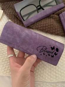 Glasses Case Printed With "Blessed" Text And Black Butterfly Pattern, Portable Flip-Top Fashion Glasses Storage Box, Vintage Style Eyewear Protective Sleeve, Lightweight Scratch-Resistant Glasses Storage Box (Suitable For Women's Daily Outings), Cute Christian Inspirational Glasses Case Gift For Girls - Multicolor - View 1