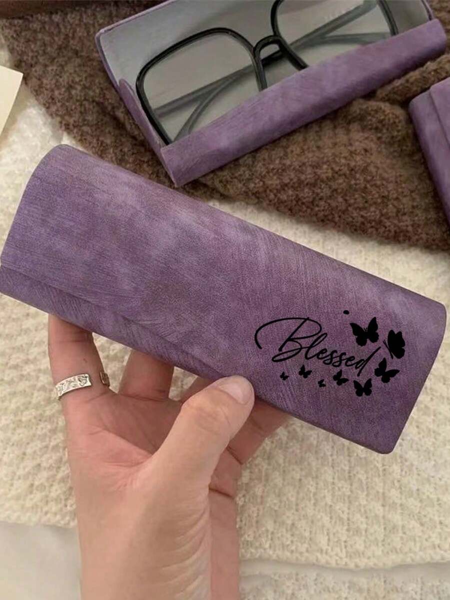 Glasses Case Printed With "Blessed" Text And Black Butterfly Pattern, Portable Flip-Top Fashion Glasses Storage Box, Vintage Style Eyewear Protective Sleeve, Lightweight Scratch-Resistant Glasses Storage Box (Suitable For Women's Daily Outings), Cute Christian Inspirational Glasses Case Gift For Girls - Multicolor - View 1