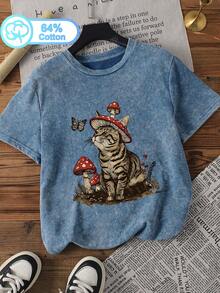 Plus Size Women's Cotton Crew Neck Acid Wash T-Shirt, Stylish And Versatile For Spring, Summer And Autumn, Printed With Kitten And Mushroom Pattern. Casual - Blue - View 1