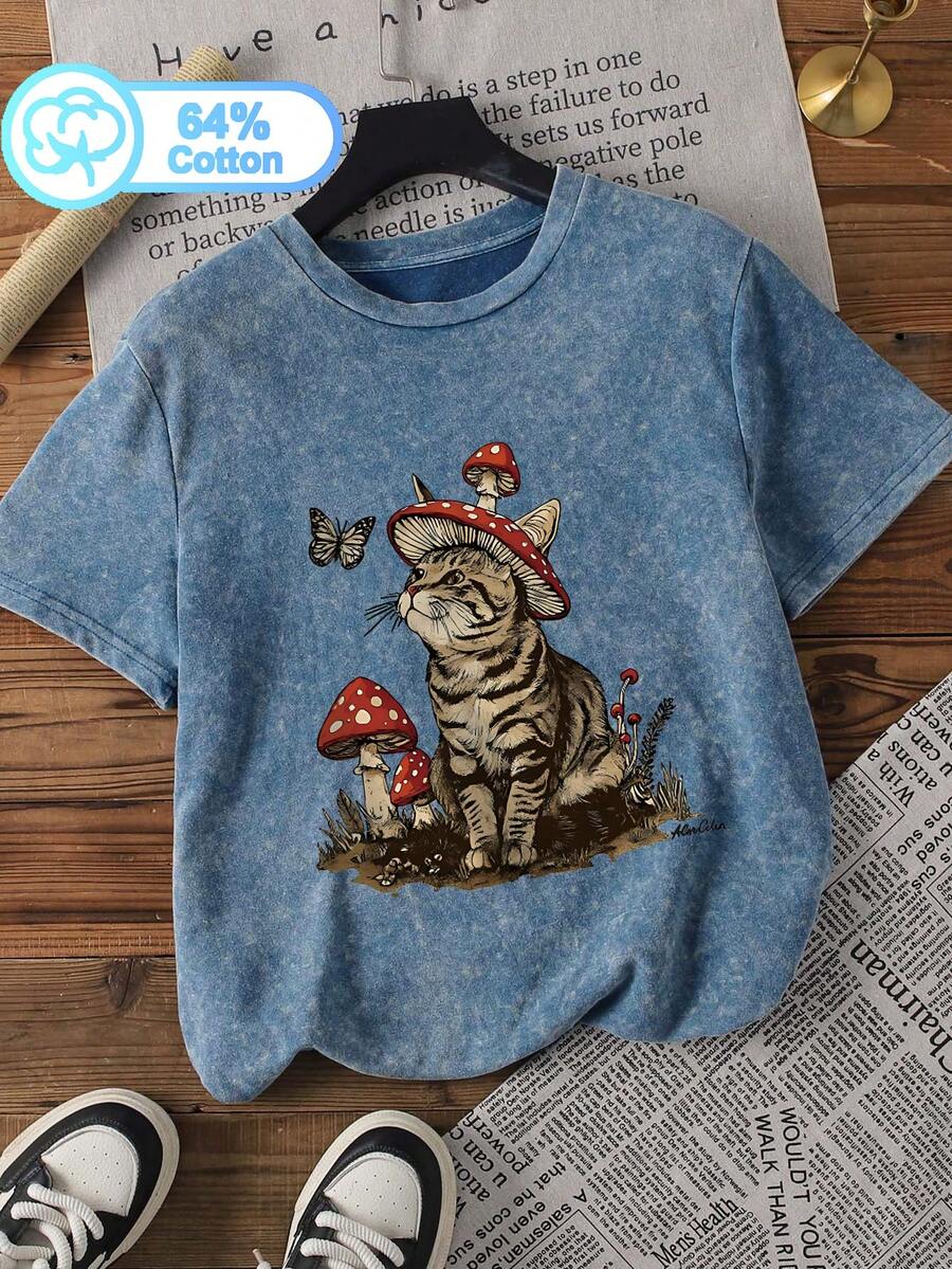 Plus Size Women's Cotton Crew Neck Acid Wash T-Shirt, Stylish And Versatile For Spring, Summer And Autumn, Printed With Kitten And Mushroom Pattern. Casual - Blue - View 1