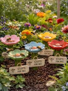 1/5pcs Multicolor Flower Shaped Bee Feeder, Outdoor Hanging Watering Station, Beekeeping Feeding Tray, Garden Decor, Reusable Bee, Butterfly & Hummingbird Waterer, Decorative Ornament, Garden Decor, Gardening Landscape, Gardening, Gardening Ornament - Multiple Styles - View 7