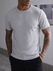 Men's Waffle Texture Slim Fit Solid Color Round Neck Casual Elastic T-Shirt - Grey - View 4