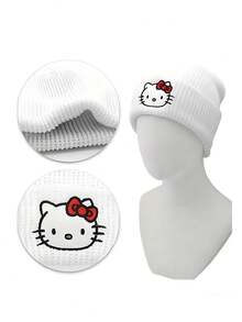 SANRIO Hello Kitty 韩式可爱刺绣猫咪针织帽，女士秋冬保暖护耳羊毛帽，头巾，防寒帽，情人节礼物 - 彩色 - 查看 5