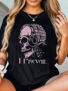 1 pieza Camiseta Gráfica "Escucha el significado antes de juzgar la melodía - I Prevail" para Mujer, Camiseta Casual de Manga Corta, Moda de Verano, Diseño de Calavera Negra, Regalo para Amantes de la Música, 210g 100% Algodón, los diseños están impresos. Unisexo. - Negro - Ver 6