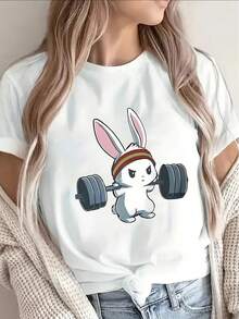OversizeCamiseta de manga corta, delgada, ligera y duradera, con una linda imagen de un conejo levantando pesas, perfecta para uso casual en casa o como ropa de gimnasio, ofreciendo un estilo cómodo y divertido para el día a día. - Blanco - Ver 6