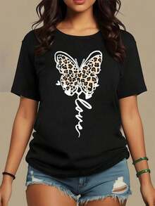 Mariposa con patrón de manchas tipo leopardo que simboliza libertad amor y fuerza interior camiseta de mujer cómoda 100% algodón adecuada para uso diario elegante y expresiva,maija mujer. - Negro - Ver 1