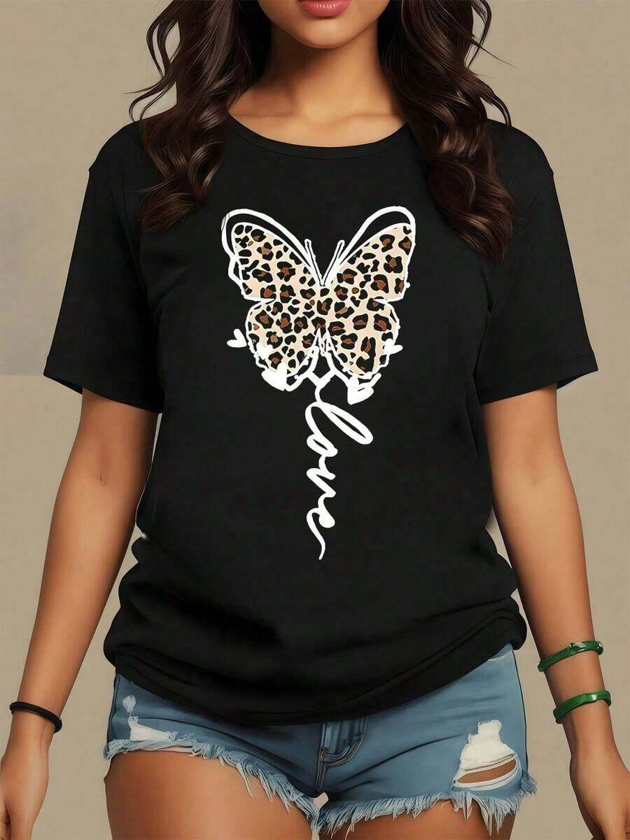 Mariposa con patrón de manchas tipo leopardo que simboliza libertad amor y fuerza interior camiseta de mujer cómoda 100% algodón adecuada para uso diario elegante y expresiva,maija mujer. - Negro - Ver 1