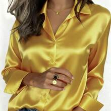 2026 Women's Satin Button-Up Blouse, Elegant Collared Shirt For Office Or Casual Wear, Autumn Winter Spring Summer Tops Summer Outfits For Women Summer Clothes Shirts Vacation Outfits Women Spring Outfits For Women Blusas Bonitas De Mujer Cute Tops Going Out Tops Women - 金色 - 查看 1