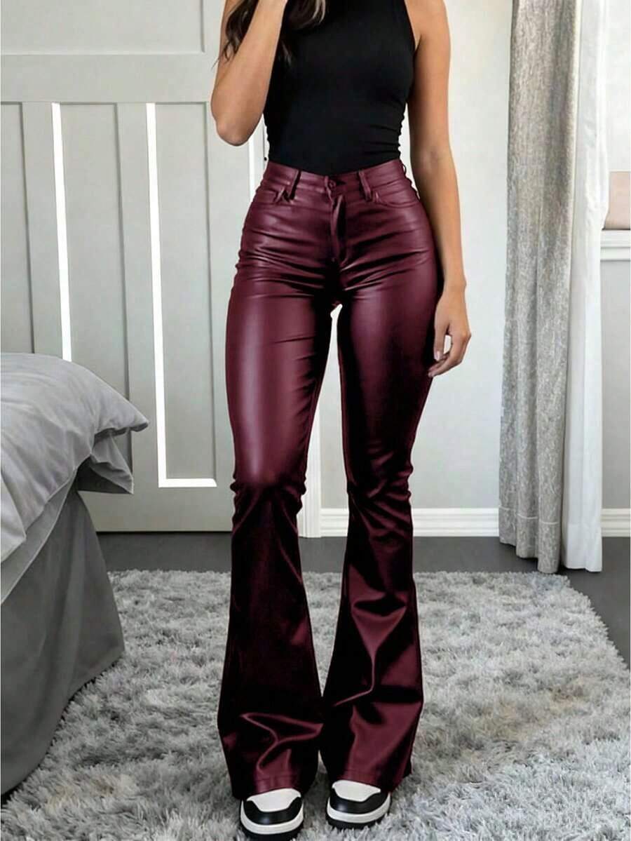 Pantalones acampanados de piel sintética recubierta para mujer, pantalones de tiro alto con ajuste ceñido, elegantes para fiesta, ir al trabajo, vacaciones, festival de música, pantalones rectos casuales, ropa de primavera/verano, talla grande vendido, negro intenso de invierno - Burdeos - Ver 1