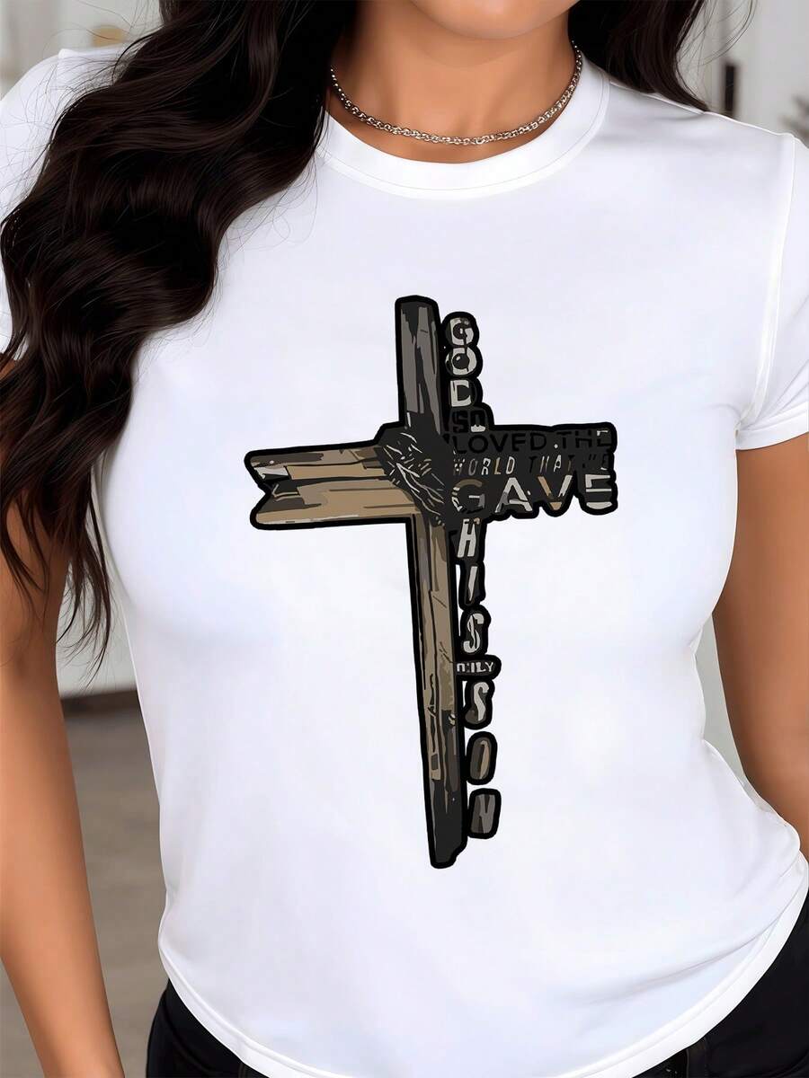 Cross With A Spiritual Message Symbolizing Faith, Divine Love, And The Offering Of Hope To The World, Conveying Inner Strength And Gratitude In Every Detail. Women's Casual, Modern, And Comfortable T-Shirt - 白色 - 查看 1