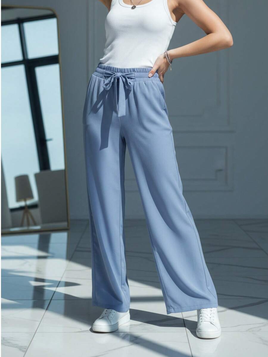 WOMEN CASUAL LOOSE FİT PANTS ELASTİC WAİST - Blue - View 1