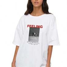 Camiseta de manga corta con estampado de letras FEELING para mujer, estilo retro americano, holgada e informal, para el verano de 2026. - Blanco - Ver 6