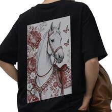 Camiseta de manga corta 100% algodón, estilo europeo y americano de verano, versátil, a la moda, casual, única, de marca de , con estampado de caballo para mujer. - Negro - Ver 6