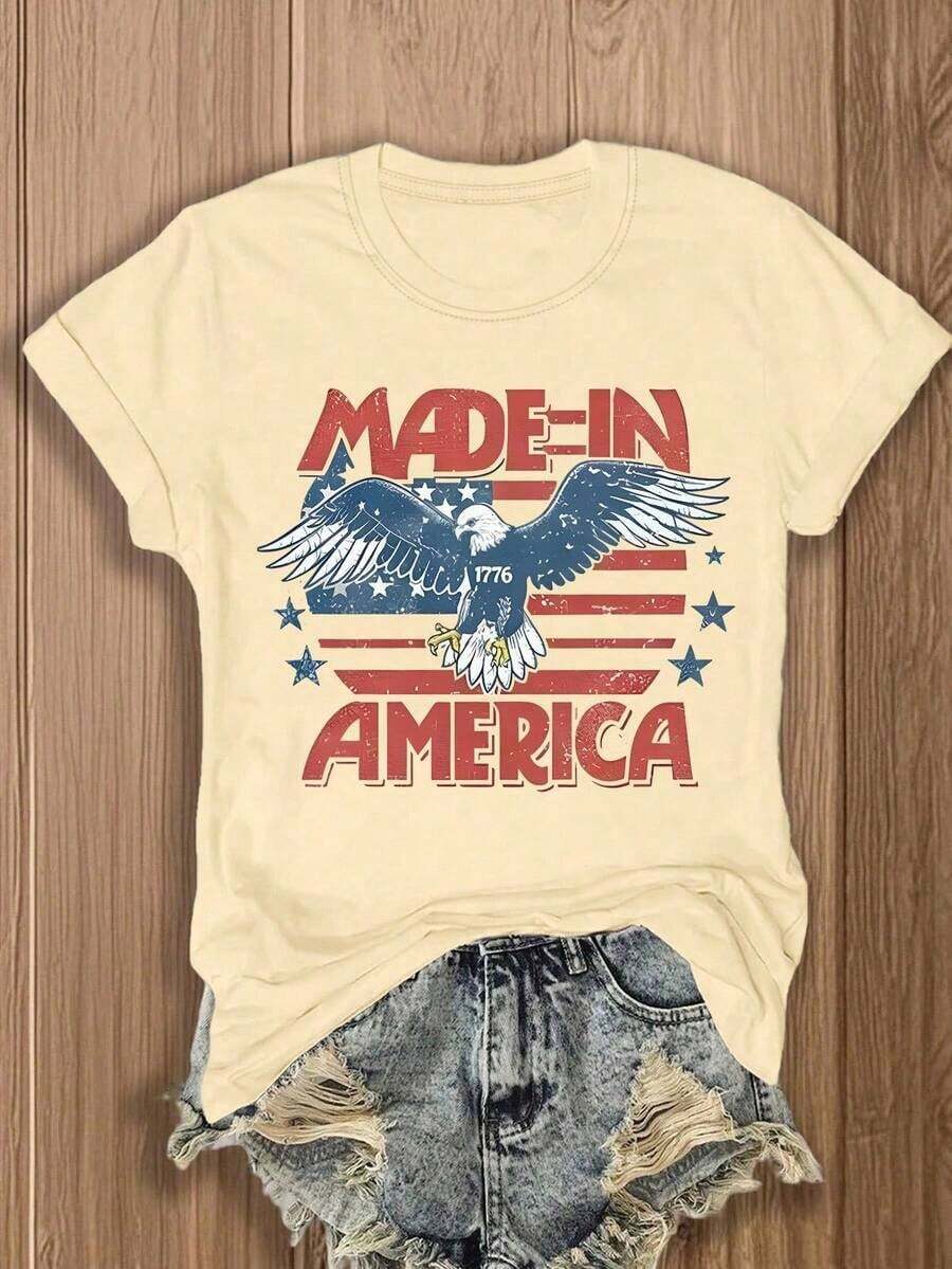 Western 4th Of July T-Shirt Made In America, 4th Of July T-Shirt, 4th Of July Country T-Shirt, Western T-Shirt, Country Concert T-Shirt, Music Festival T-Shirt, Women's Short Sleeve Crew Neck Print T-Shirt - Casual Daily Wear, Sports & Fitness, For Everyone (Perfect For Valentine's Day) - 杏色 - 查看 1