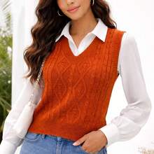 Women's Premium Knit V-Neck Vest – Sleeveless Sweater With Diamond Embossing, Winter Casual Knit Braided Vest, Office, Evening, Travel, Autumn/Winter - 查看 1