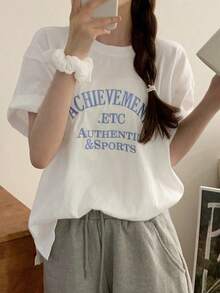 Camiseta de mujer con cuello redondo, manga corta, y bordado con letras, de corte holgado y estilo veraniego - Blanco - Ver 8