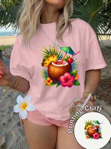 Camiseta de manga corta con cuello redondo para mujer, 100% lavable a máquina, fácil de cuidar, diseño casual con estampado de cóctel de coco de estilo tropical, colores brillantes llenos de energía veraniega, nueva colección de verano 2026 para viajes y uso diario - Camiseta unisex de algodón suelto de manga corta y cuello redondo estilo vintage urbano. - Negro - Ver 10
