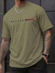 Camiseta de manga corta estival para hombres con estampado casual, con diseño de BOSTON, cómoda y suave, transpirable y absorbe la humedad.Envío exprés desde almacén local. - Verde militar - Ver 12