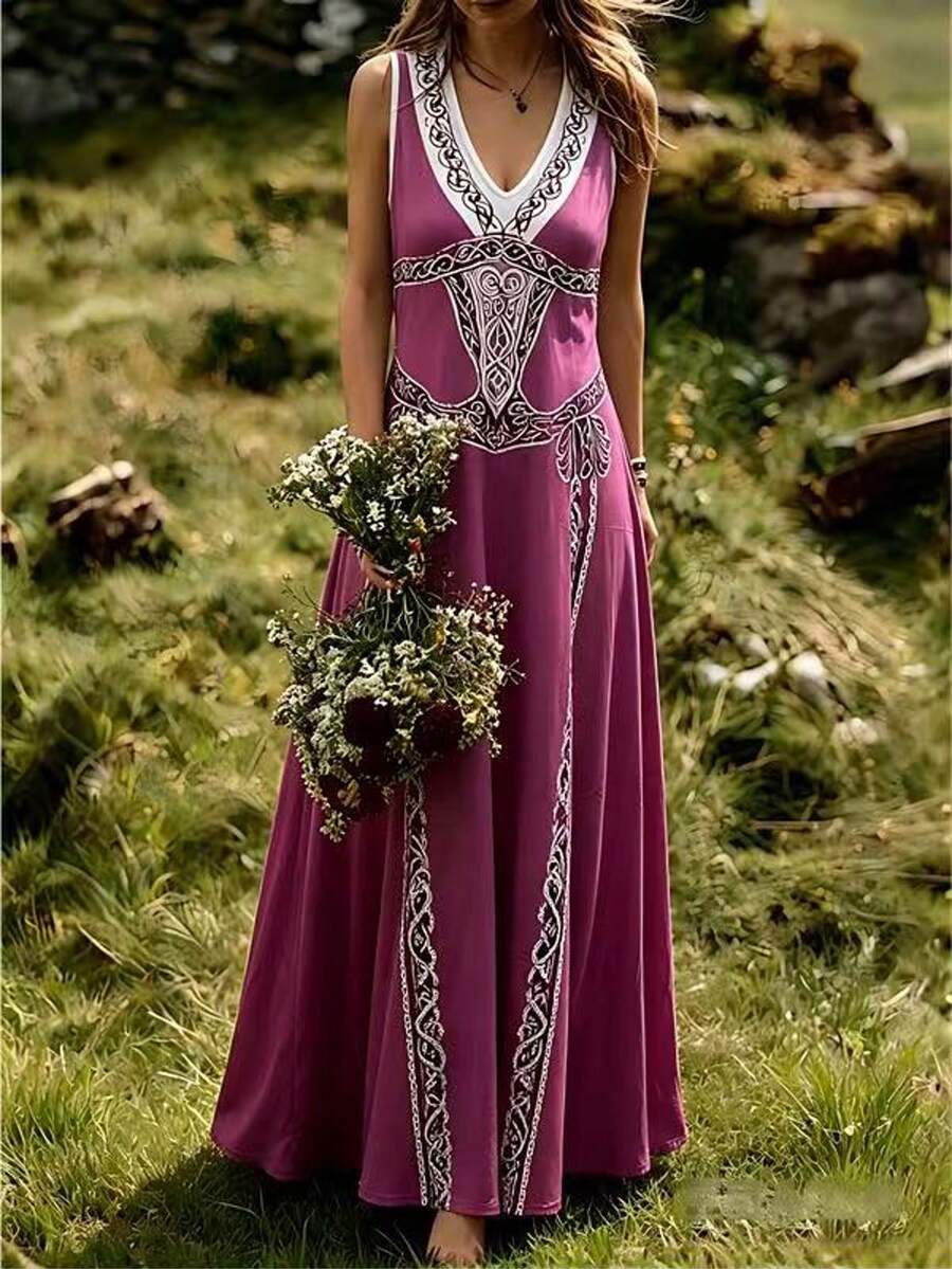 Women's Retro Fashion Viking Celtic Art V-Neck Sleeveless Long Dress - 酒紅色 - 查看 1