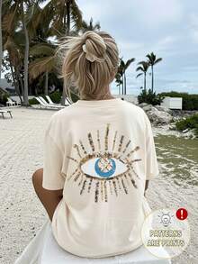 [Printed Design – No Texture][Double-Sided Print] Women's Casual Summer T-Shirt With Beaded Embroidery And Evil Eye Print, Short Sleeve, Round Neck, Pure Cotton, Loose Fit With Drop Shoulders - Vintage Urban Style, Unisex Cotton Short Sleeve Round Neck T-Shirt - 杏色 - 查看 3