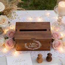 1 pieza Caja de madera marrón oscuro, adecuada para bodas, cumpleaños, compacta y exquisita, se puede colocar en el mostrador de registro o en la mesa principal de la boda para convertirse en un paisaje suave, hecha de madera maciza - 1PC - Ver 4