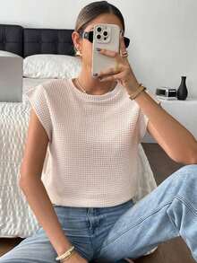 Camiseta casual de cuello redondo de manga corta de unicolor con textura de gofre, cómoda para el verano - Albaricoque - Ver 4