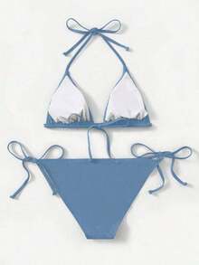 Women's Simple Solid Color Swim Bikini With A Halter Neck And Cutout, Suitable For Beach Vacations And Summer. - Blue Fog 2 - View 2