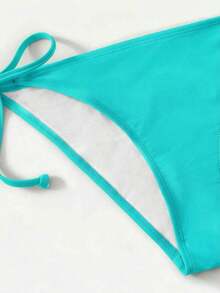 Women's Simple Solid Color Swim Bikini With A Halter Neck And Cutout, Suitable For Beach Vacations And Summer. - Mint Blue 2 - View 3