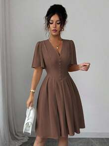 Vestido corto casual y elegante para mujer con cuello en V, mangas con volantes, botones decorativos en el bajo, cintura elástica, adecuado para primavera/verano, ir al trabajo, vacaciones, té de la tarde, fiestas - Agua verde azul - Ver 11
