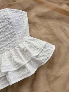 Blusa amarilla casual de verano estilo peplum sin espalda con lazo para mujer, look casual para vacaciones, almuerzo o de regreso a clases - Blanco - Ver 4