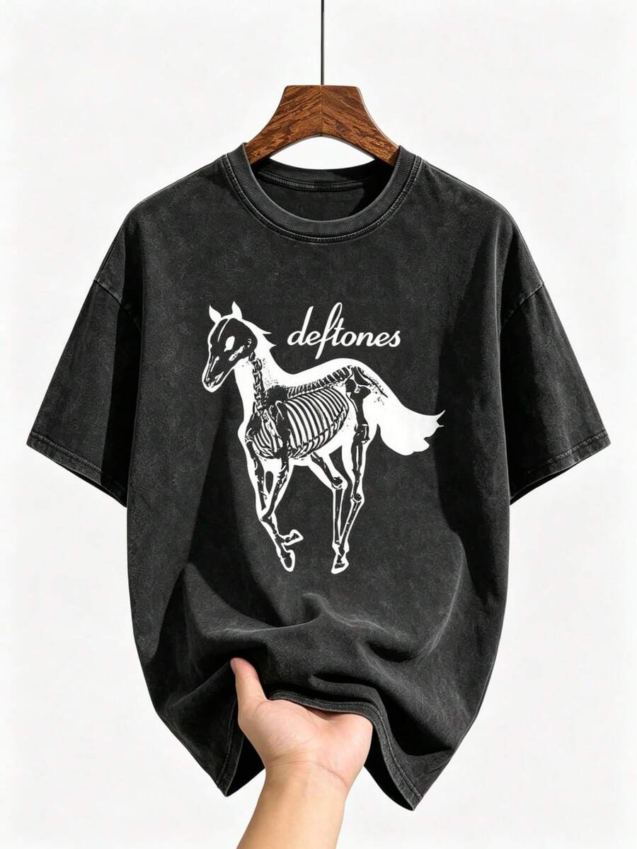 EWH MEN Street Life "D Eftones" Band Skeleton Horse Graphic Print Vintage Washed Short Sleeve Crew Neck Men's T-Shirt,T Shirt Men,Shirts Graphic DG004 - màu đen - Xem 1