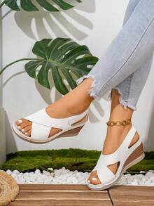 Plus Size Women's Fashion Comfortable Lace-Up Wedge Sandals - White - View 1