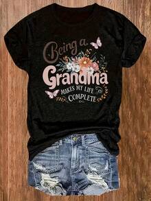 Women's Plus Size Short Sleeve Cotton T-Shirt, Casual Style With Round Neck And Print Of "Soon I Will Be A Grandmother" And Other Lettering Elements. - 黑色 - 查看 2