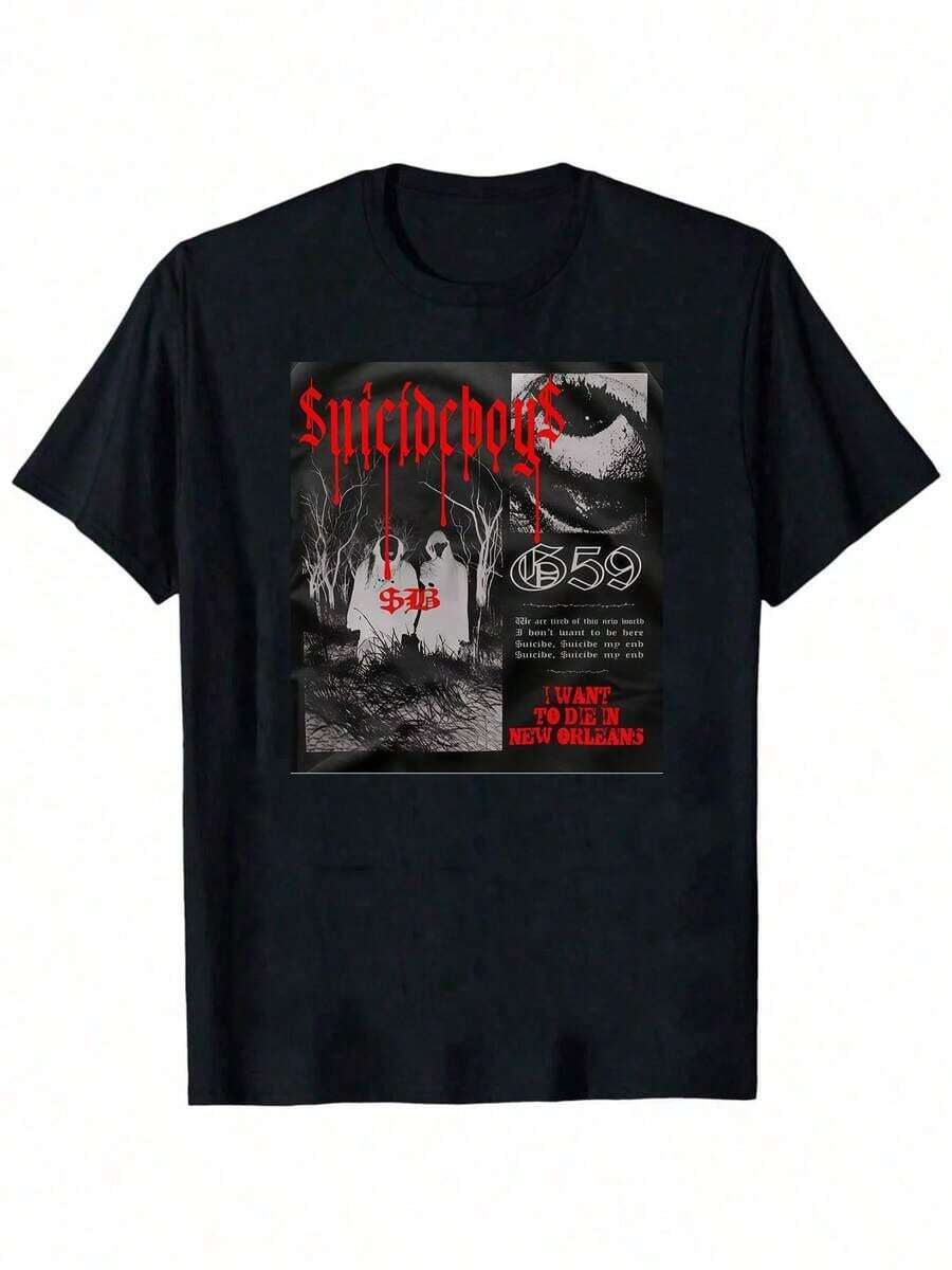 1 pieza Camiseta Gráfica para Hombre Suicideboy - Camiseta Casual Negra de Estilo Urbano, Diseño de Rostro con Efecto Desgarrado, Cuello Redondo, Manga Corta, Top de Verano, Lavable a Máquina, Camisetas con Estampado Gráfico de la Gira Suicideboy Era para Hombre, Camisetas Estilo Harajuku Hip Hop Rock, Camisetas Unisex de Moda, Talla Regular, Camiseta Urbana, 210g 100% Algodón, Todos los diseños están impresos. Unisexo. - Negro 9 - Ver 1