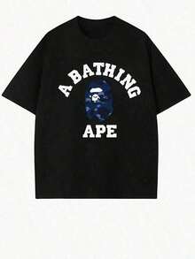 1 pieza de camiseta con patrón de anime APE para hombres, % algodón, casual, versátil, cómoda, transpirable, de mangas cortas, 180g, 100% algodón, todos los patrones están impresos. Unisexo. - Negro - Ver 1