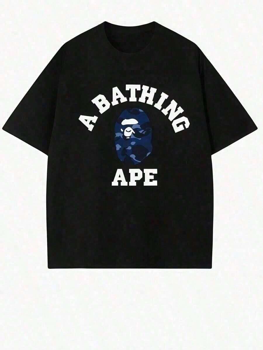 1 pieza de camiseta con patrón de anime APE para hombres, % algodón, casual, versátil, cómoda, transpirable, de mangas cortas, 180g, 100% algodón, todos los patrones están impresos. Unisexo. - Negro - Ver 1