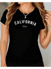 1 pcsCamia mujer cuello redondo manga corta estampado sencillo " CALIFORNIA 1991 " blusas playeras gráficas mujer print180g 100% Cotton,The patterns are all printed. Unisexo. - Negro - Ver 3