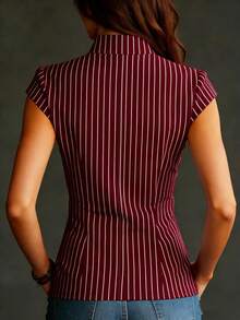 Women's Casual Striped Button-Front Shirt, Suitable For Office Wear In Summer - Burgundy - View 2