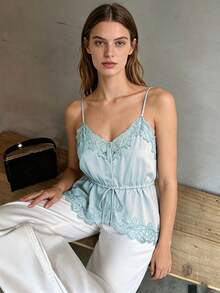 ZAHM Nueva llegada Blusa de mujer de estilo minimalista y sexy de encaje y satén, estilo europeo y americano para primavera/verano - Celeste - Ver 3