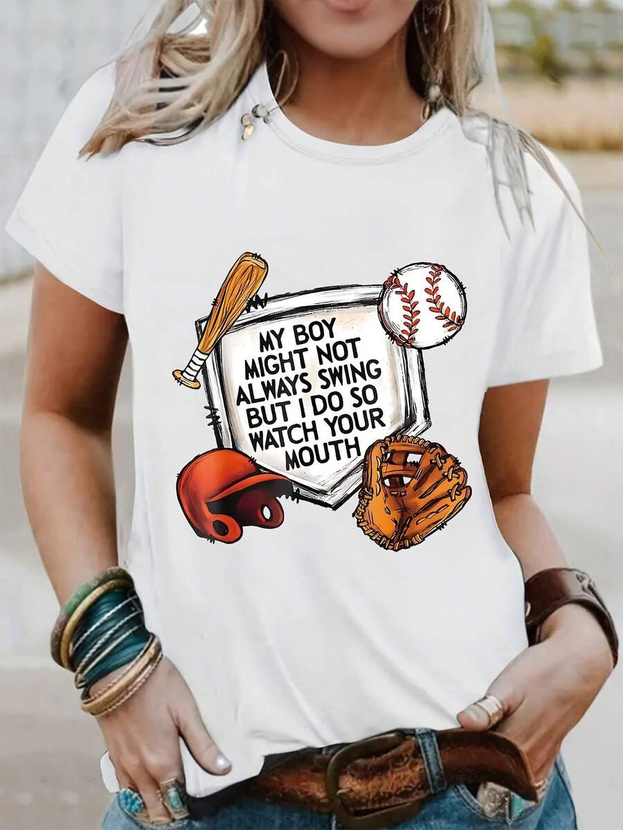 [Especial de Festival] Camiseta de Manga Corta con Cuello Redondo y Estampado de Béisbol para Deportes y Ocio - Blanco - Ver 1