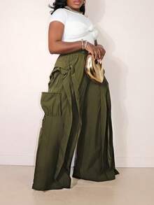 Pantalones rectos sueltos con bolsillos y dobladillo con volantes de unicolor - Verde - Ver 1
