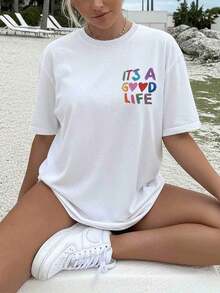 [Impresión a Doble Cara] Camiseta Holgada Casual de Verano para Mujer, Estilo Pintado a Mano, Estampado de Corazón y la Frase "ITS A GOOD", Cuello Redondo, Manga Corta, Hombros Caídos, Camiseta Oversize de Algodón Puro [Más Vendida 1] 100% Algodón, Camisetas de Verano - Blanco - Ver 3