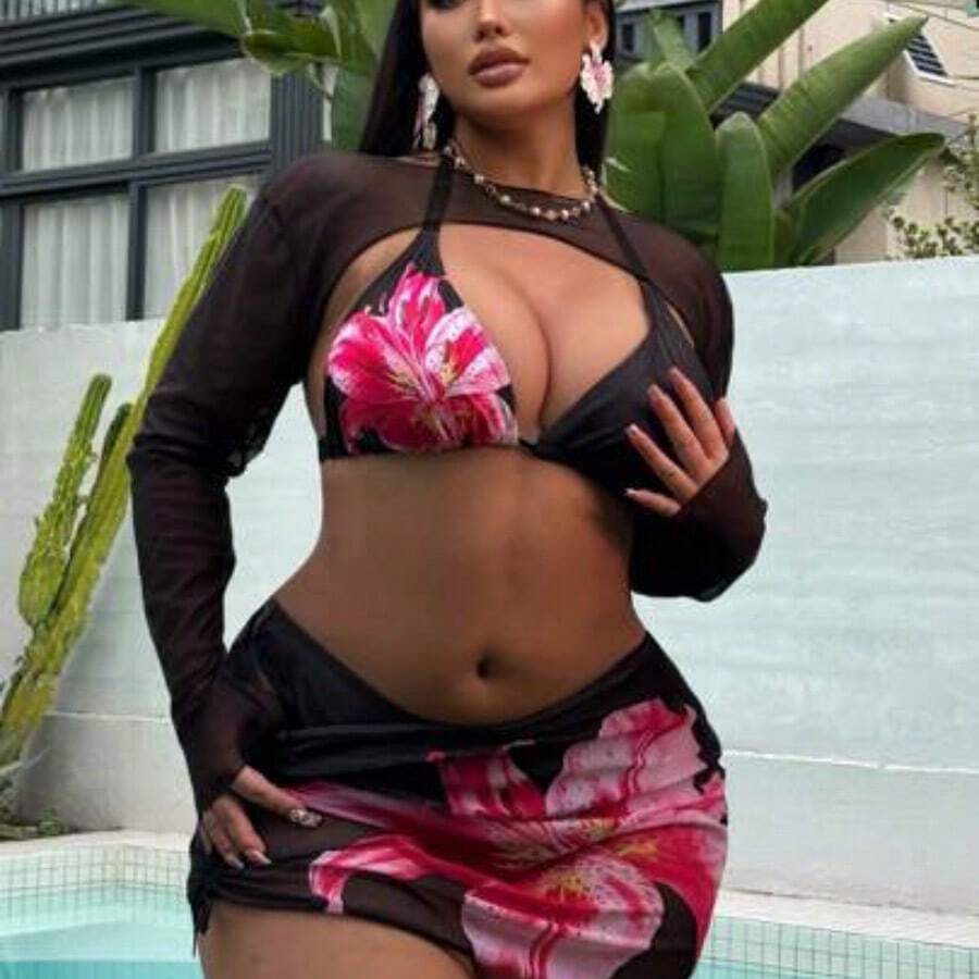 Swim Plus Size Women Floral Print Halterneck Lace-Up Sexy Bikini Set With Kimono Cover-Up And Skirt Set, Summer Beach Mesh 3 Piece Swimsuit Floral 3 Piece Swimsuit - Multicolor - Ver 1