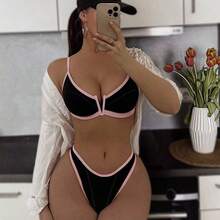Swim  Women's Colorblock Cutout V-Neck Tankini Swimwear, Sexy European Style Swimwear For Summer Beach Vacation - Negro - Ver 2