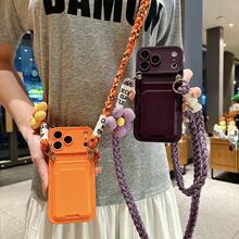 1pc Puff Flower Braided Lanyard Card Holder Phone Case Suitable For IPhone 16 Pro Max, 17, 14, 15 Soft Woven Crossbody Strap Card Holder With Lanyard - Orange - View 4