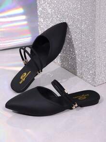 Women's Pointed Toe Flat Sandals, Casual Fashion Versatile Thin Strap Metal Buckle Pointed Toe Ballet Flats, Elegant Daily Office Wear Women's Shoes - Black - View 9