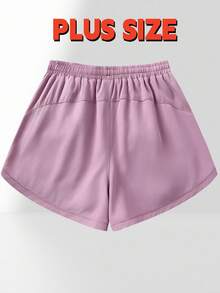 1pc Plus Size Women's Shorts, 2in1 Solid Color Lining 2 In 1 Sports Pants, Elastic Waist Two Pieces Set, Suitable For Running, Sports, Yoga, Fitness In Summer - Purple - View 3