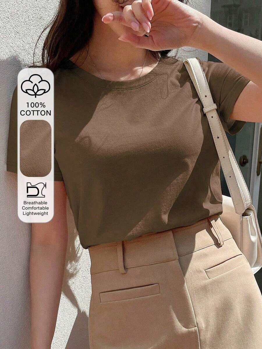 Camiseta básica de cuello redondo, estilo preppy. - Café integral - Ver 1